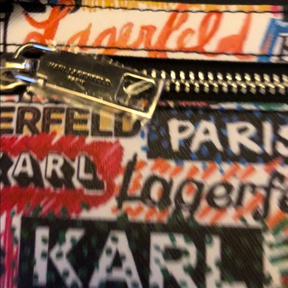 Karl Lagerfeld Faux Leather White,Black & Rainbow Scribble Wristlet NWT - Picture 3 of 10